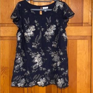 Navy Embroidered Floral Blouse with Cap Sleeves